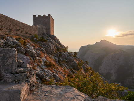 Starigrad fortress in the town of Omis during the sunset.のeditorial素材
