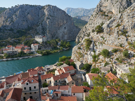 Omis, Croatia - July 23, 2021: The mouth of the river Cetina from the canyon overlooking the old town of Omis.のeditorial素材