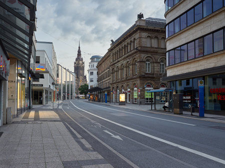 Wuppertal, Germany: August 14, 2021 - An empty street overlooking the town hall in the Elberfeld district.のeditorial素材