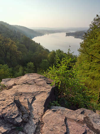 Spring landscape of Lake Baldeneysee on the Ruhr River in the city of Essen. Morning view from the...