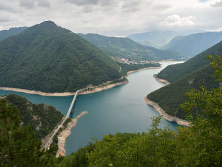 Piva river canyon and Pivsko lake with turquoise water color in Montenegro.