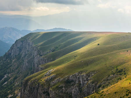 The landscape of the Durmitor mountains, illuminated by the rays of the sun. Durmitor National Park in Montenegro.の写真素材