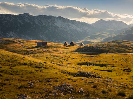 A sheep pasture in the Durmitor mountains under the light of the setting sun. Mountain landscape of the National Park in Montenegro.の写真素材