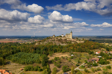 Aerial photo of beautiful medieval castle KunÄtickÃ¡ hora near city of Pardubice in the heart of Czech Republic on the top of the hill in surrouding lowlands and villages nearby from ultralight planeのeditorial素材