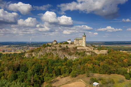 Aerial photo of beautiful medieval castle KunÄtickÃ¡ hora near city of Pardubice in the heart of Czech Republic on the top of the hill in surrouding lowlands and villages nearby from ultralight planeのeditorial素材