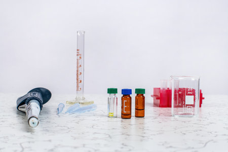 Medical and scientific laboratory equipment - beaker, cylinder, pipette, fluids, vial, ampoule stand and moreの写真素材
