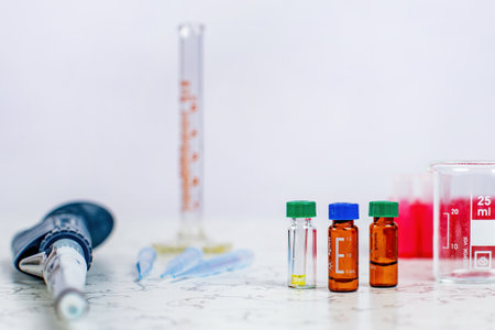 Medical and scientific laboratory equipment - beaker, cylinder, pipette, fluids, vial, ampoule stand and moreの写真素材
