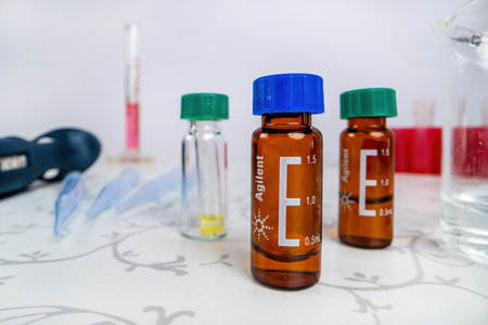 Medical and scientific laboratory equipment - beaker, cylinder, pipette, fluids, vial, ampoule stand and moreの写真素材