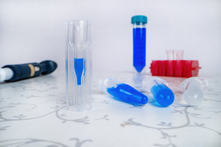 Medical and scientific laboratory equipment - beaker, cylinder, pipette, fluids, vial, ampoule stand...