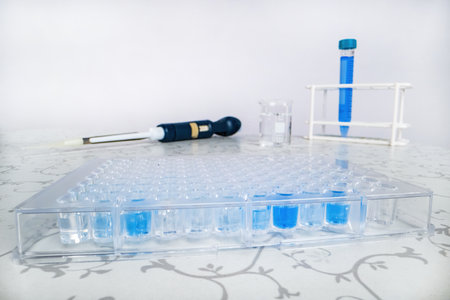 Medical and scientific laboratory equipment - beaker, cylinder, pipette, fluids, vial, ampoule stand and moreの写真素材