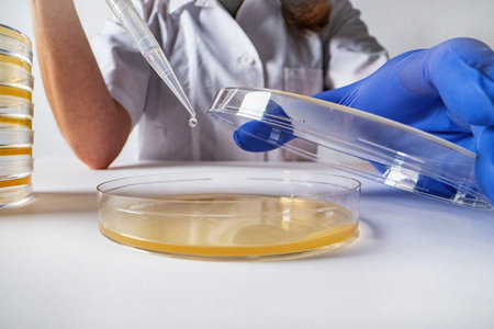 In the lab, the scientist doctor drips a sample into a beaker and a petri dishの写真素材