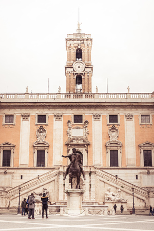 Rome, Italy, December 2018: Capitol Hill in Rome with emperor Marcus Aurelius ancient roman equestrian statueのeditorial素材