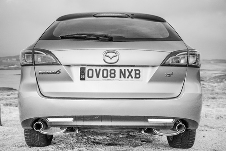 March 2015, Isle of Skye, Scotland: Mazda 6 estate GH - Black and White car photographyのeditorial素材