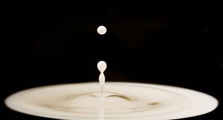Drop of milk - milk droplet falling on white liquid and creating splash with circle ripple. Dairy products isolated on black backgroundの写真素材