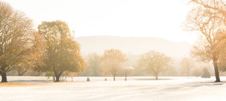 Autumn. Frost on grass. Beautiful autumn morning. Scenery fall landscape. Fall sunlight in parkの写真素材