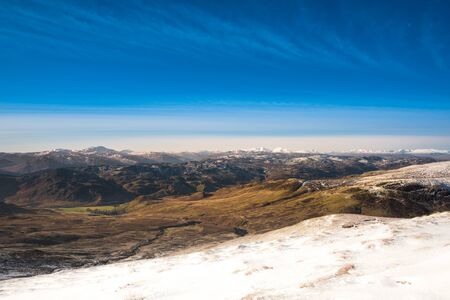 Winter in mountains. Snow covered summits (Ben Vorlich, Stuc a Chroin, Cruach Ardrain, Ben More). Winter trekking in Scotland. Breathtaking munros.の写真素材
