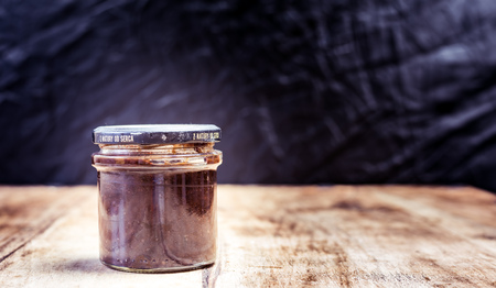 Perth, Scotland - 11 November 2019: a jar of homemade plum jam