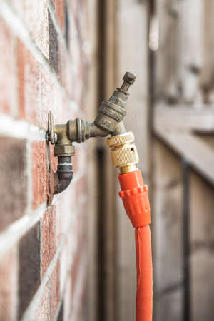 Garden tap mounted on a brick wall with orange hose pipe attached to itの写真素材
