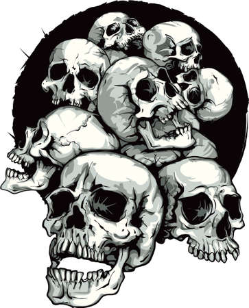 A bunch of skulls fall out of a black hole. Vector illustration. Suitable for a tattoo, logo, t-shirts, rock bands...のイラスト素材