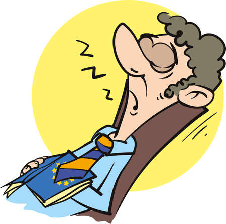 Vector illustration of a cute little man who fell asleep in an office, presentation or house while reading a book.のイラスト素材