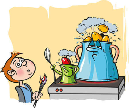 Vector illustration of a cute boy wondering and expecting eggs to be cooked on Good Friday.のイラスト素材