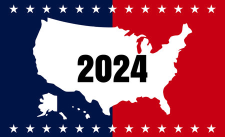 USA election 2024 background. Vector background for USA Presidential Election 2024. Label, poster, template, or banner illustration with USA flag elements design.の写真素材