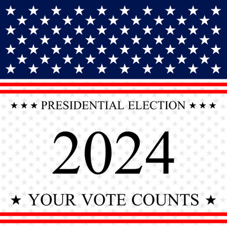 USA election 2024 background. Vector background for USA Presidential Election 2024. Label, poster, template, or banner illustration with USA flag elements design.の写真素材