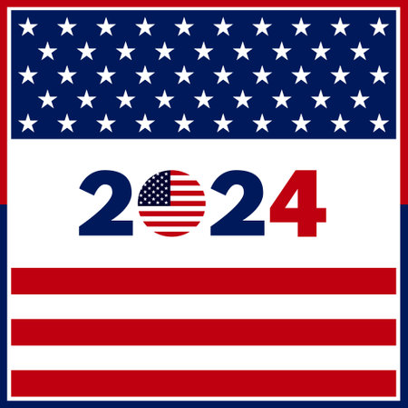USA election 2024 background. Vector background for USA Presidential Election 2024. Label, poster, template, or banner illustration with USA flag elements design.の写真素材