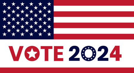 USA election 2024 background. Vector background for USA Presidential Election 2024. Label, poster, template, or banner illustration with USA flag elements design.の写真素材