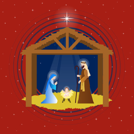 Christmas Nativity Scene: The Holy Family in the stable.のイラスト素材