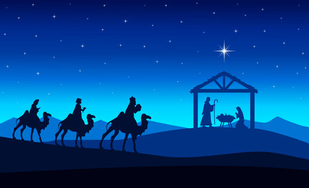 Blue Christmas nativity scene: Three Wise Men travel to the manger in the desert at night.のイラスト素材