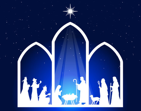 Blue Christmas Nativity scene greeting card background, biblical illustration.のイラスト素材