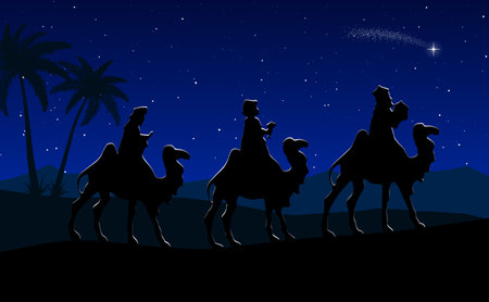 Blue Christmas nativity scene: Three Wise Men travel to the desert at night.のイラスト素材