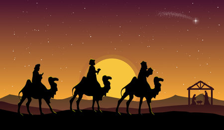 Christmas Nativity Scene: Three Wise Men go to the manger in the desert at dusk.のイラスト素材