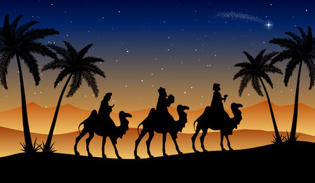 Christmas Nativity Scene: Three Wise Men go to the manger in the desert at night.のイラスト素材