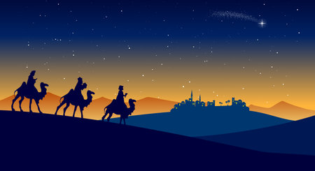 Christmas Nativity Scene - Three Wise Men go to Bethlehem in the desert at nightのイラスト素材