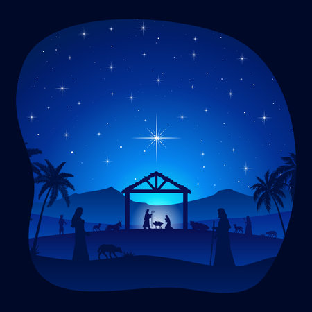 Christmas Nativity Scene in the desert at nightのイラスト素材
