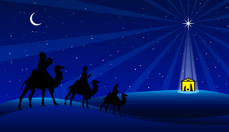 Christmas Nativity Scene - Three Wise Men go to the stable in the desert at nightのイラスト素材