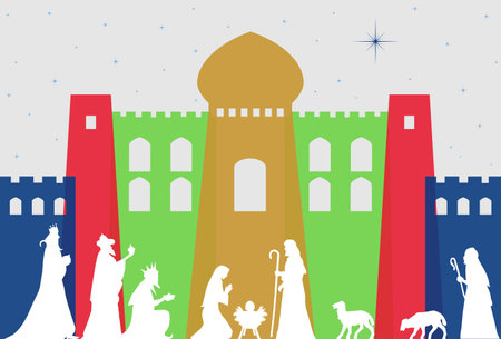 Christmas Nativity Scene - Three Wise Men and shepherd adorationのイラスト素材