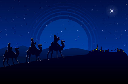 Christmas Nativity Scene - Three Wise Men go to Bethlehem in the desert at nightのイラスト素材