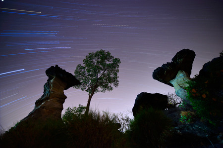 Star trail and Stone henge Star trail and Stone henge Thailand in dark night.の写真素材