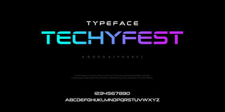 futuristic minimalist display font design, alphabet, typeface, letters and numbers, typography.のイラスト素材