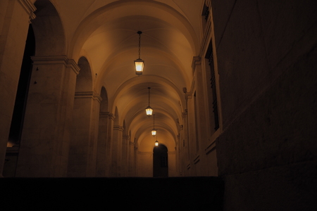 Archade and lamps in the nightの写真素材