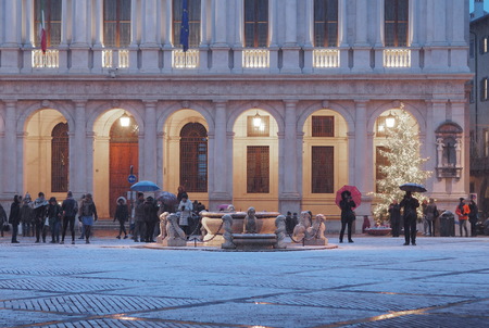 Piazza Vecchia after snowed, Bergamo, Lombardy, Italyのeditorial素材