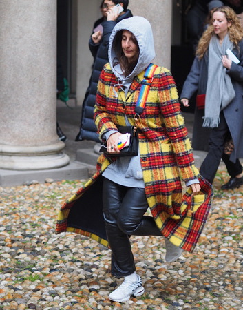 MILAN - FEBRUARY 22, 2018: Fashionable woman posing for photographers in "Corso Magenta" 24 before EMILIO PUCCI fashion show, Milan Fashion Week Woman fall / winter 2018/19 in Milan, Italy.のeditorial素材