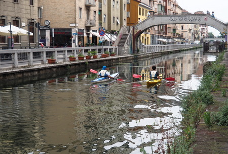 MILAN, ITALY, 28 May 2018: Rafting on Naviglio Pavese, in Milan, Lombardy, Italy.のeditorial素材