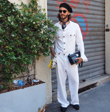 MILAN, ITALY -JUNE 18, 2018: Man posing in the street before AALTO fashion show, during Milan Fashion Week Men and women spring collections.Milan, Lombardy, Italyのeditorial素材