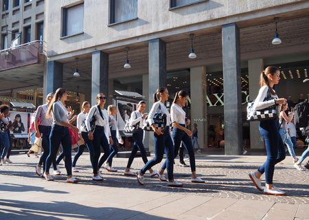 MILAN, Italy: 10 September 2018: Miss Italy models walking in the street after the presentation of Milan Giuseppe Sala in Marino palace.のeditorial素材