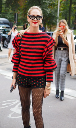 MILAN, Italy: September 22, 2018: CHIARA FERRAGNI streetstyle outfit before Philosophy by Lorenzo Serafini fashion show during Milan fashion week fall / winter 2018/2019.のeditorial素材