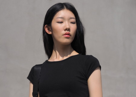 MILAN, Italy: September 22, 2018: Model posing for photographers after CIVIDINI fashion show during Milan fashion week fall / winter 2018/2019.のeditorial素材